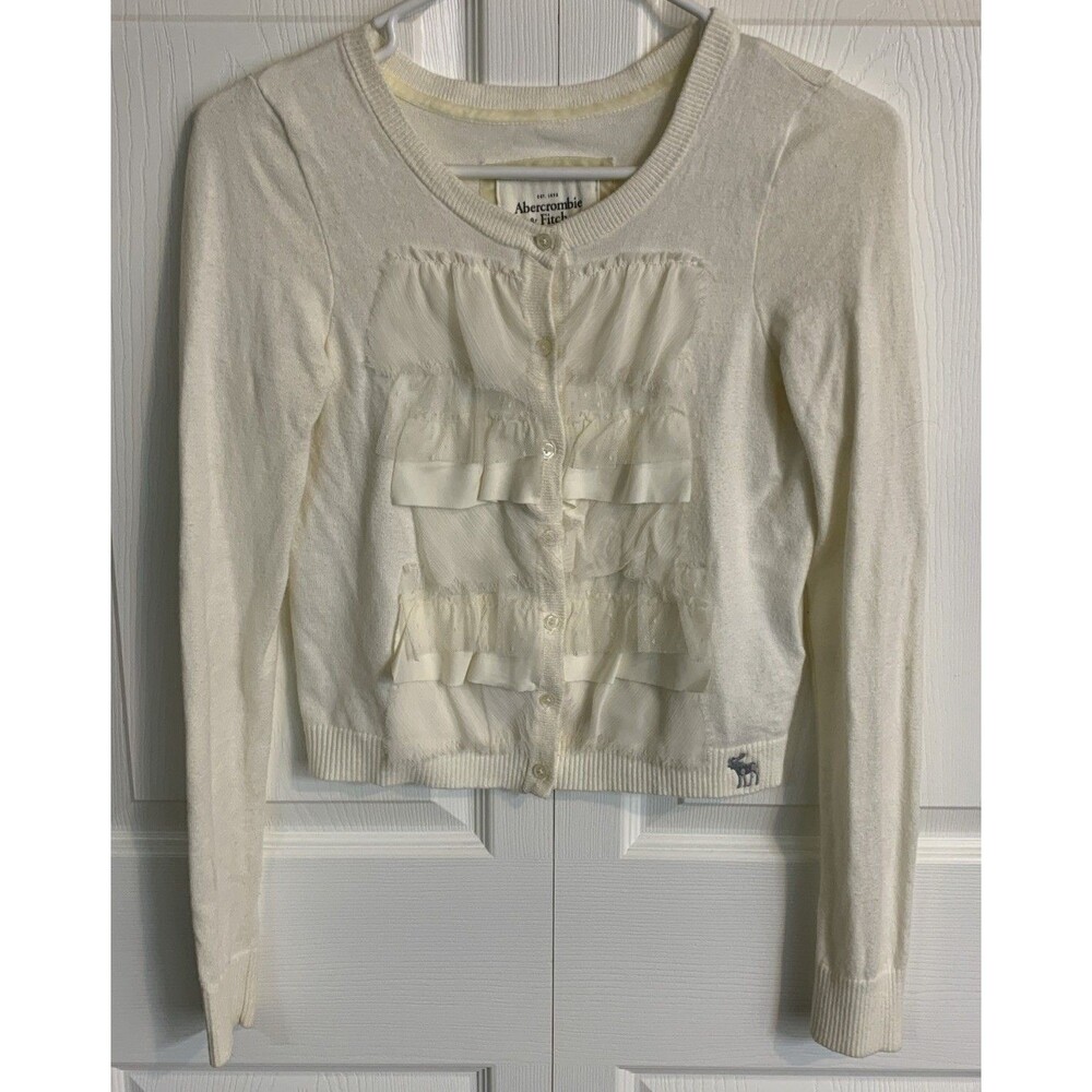 Abercrombie & Fitch Cropped Cardigan Sweater Womens M Cream Lace Coquette Y2K